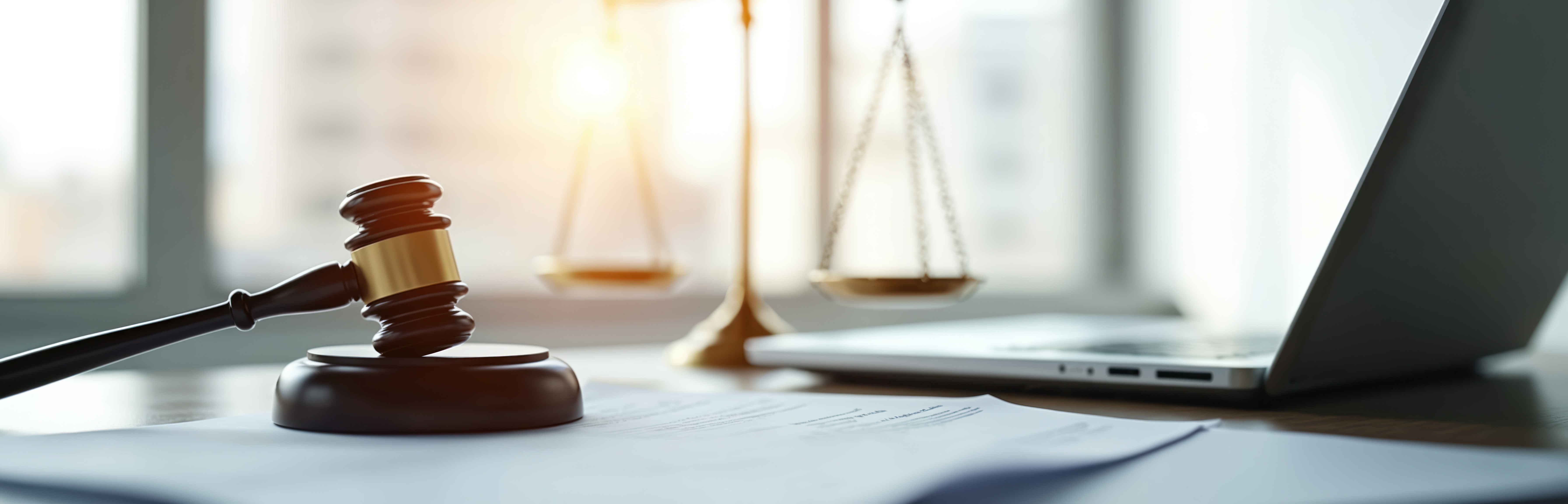 Judge's gavel, scales of justice and a laptop on a law office desk